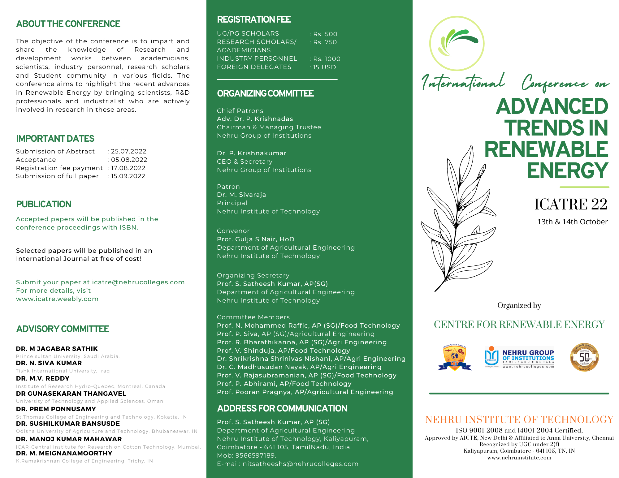 International Conference on Advanced Trends in Renewable Energy - Nehru Institute of Technology,